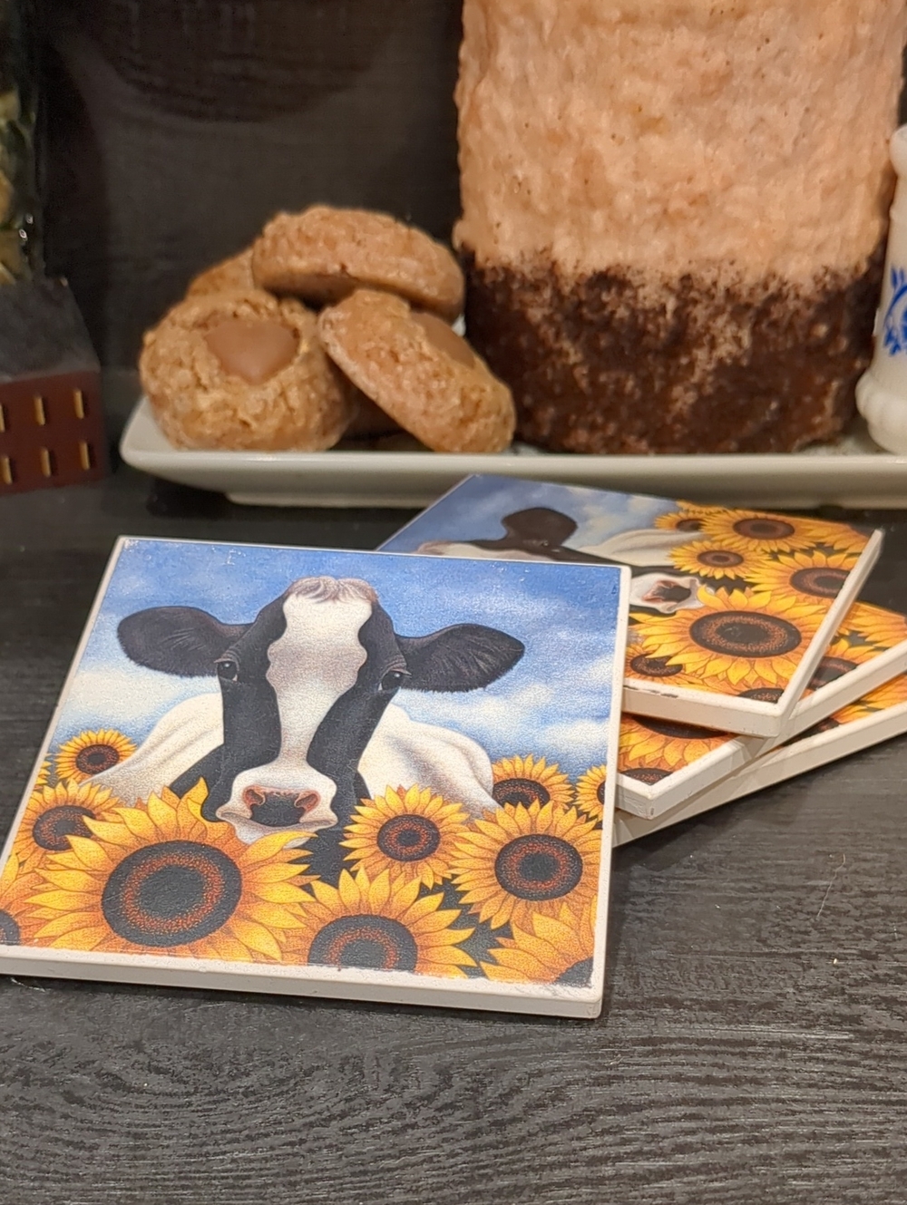 Lowe Herrero Cow & Sunflower Ceramic Coasters - Set of 4 Vintage